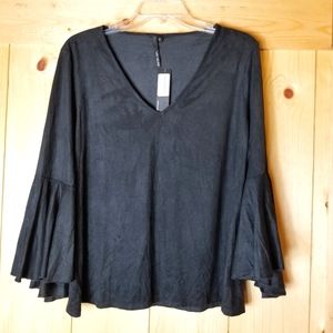 Kay Celine Holly Trumpet Sleeve Faux Suede V-Neck Shirt NWT